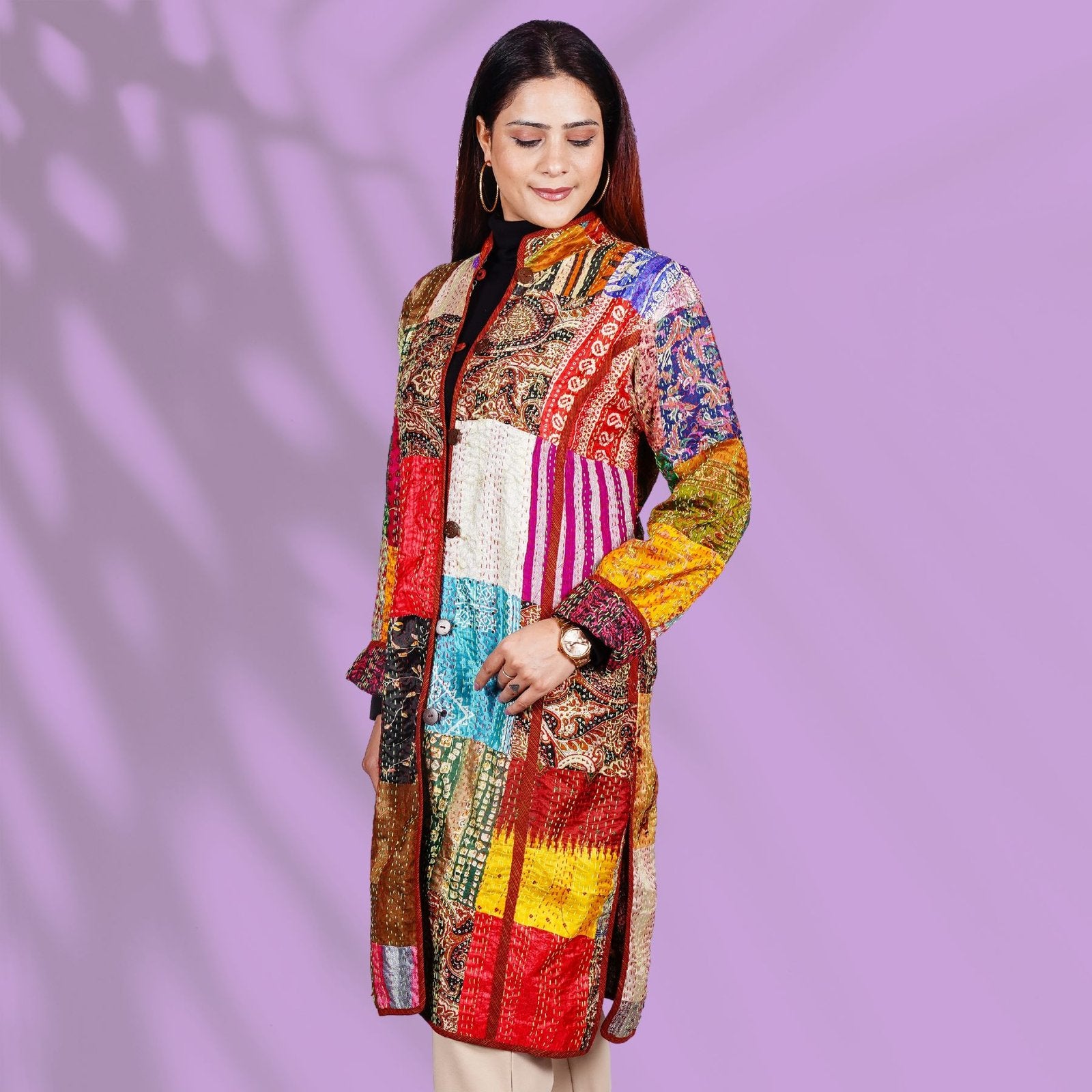 Kantha Long Jacket - Red