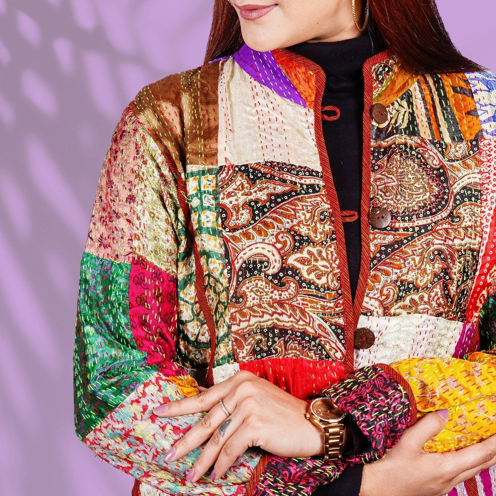 Kantha Long Jacket - Red