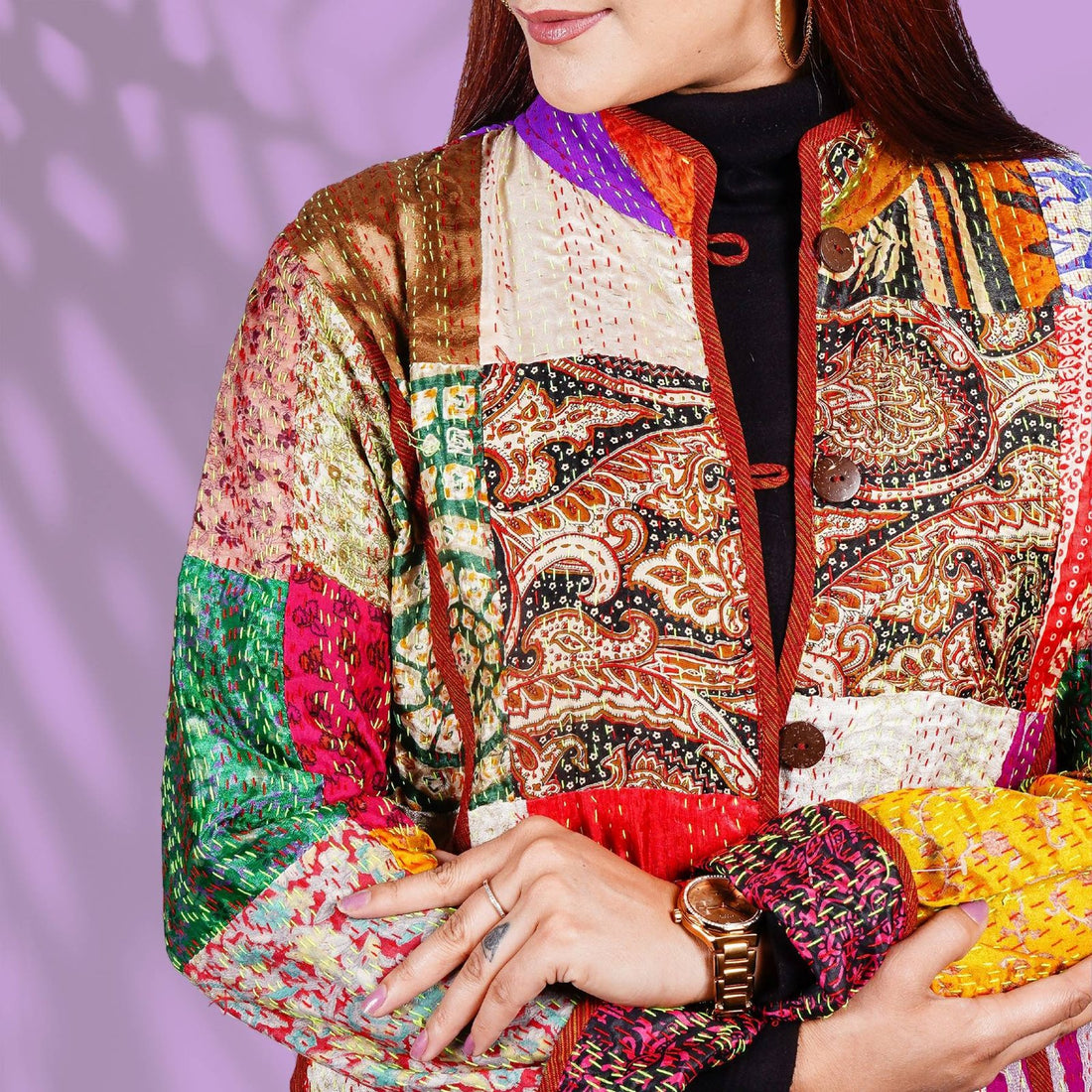 Kantha Long Jacket - Red