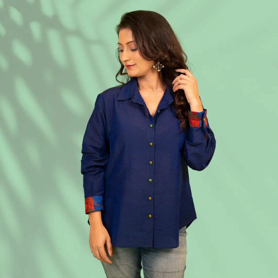 Blue Kantha Patch Cotton Silk Shirt