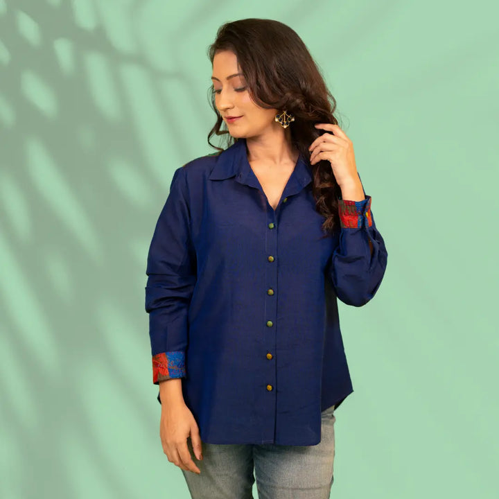 Blue Kantha Patch Cotton Silk Shirt
