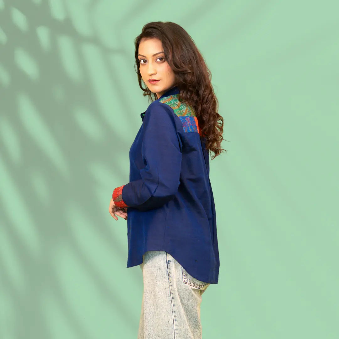 Blue Kantha Patch Cotton Silk Shirt