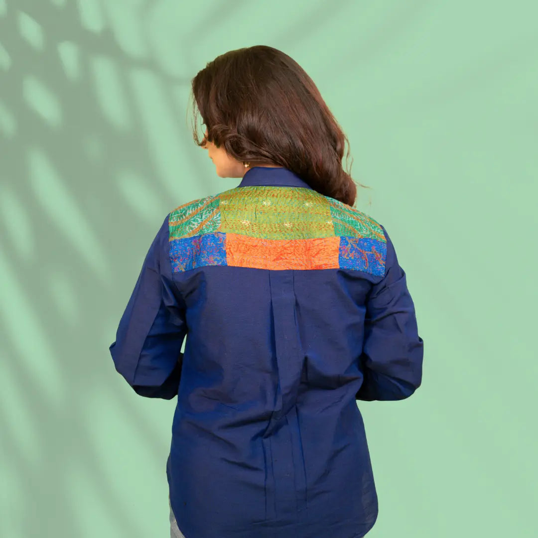 Blue Kantha Patch Cotton Silk Shirt
