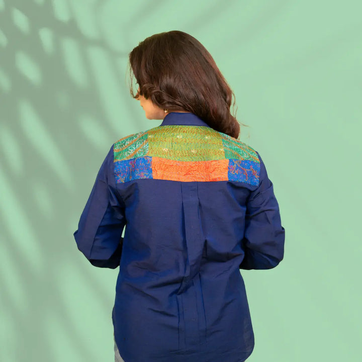Blue Kantha Patch Cotton Silk Shirt