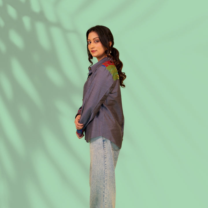Grey Kantha Patch Cotton Silk Shirt