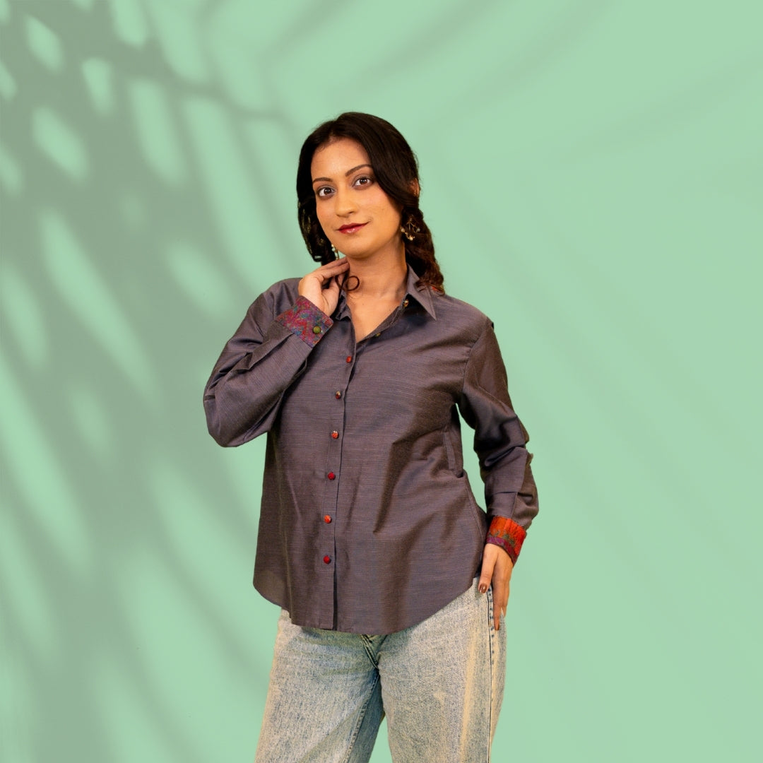 Grey Kantha Patch Cotton Silk Shirt