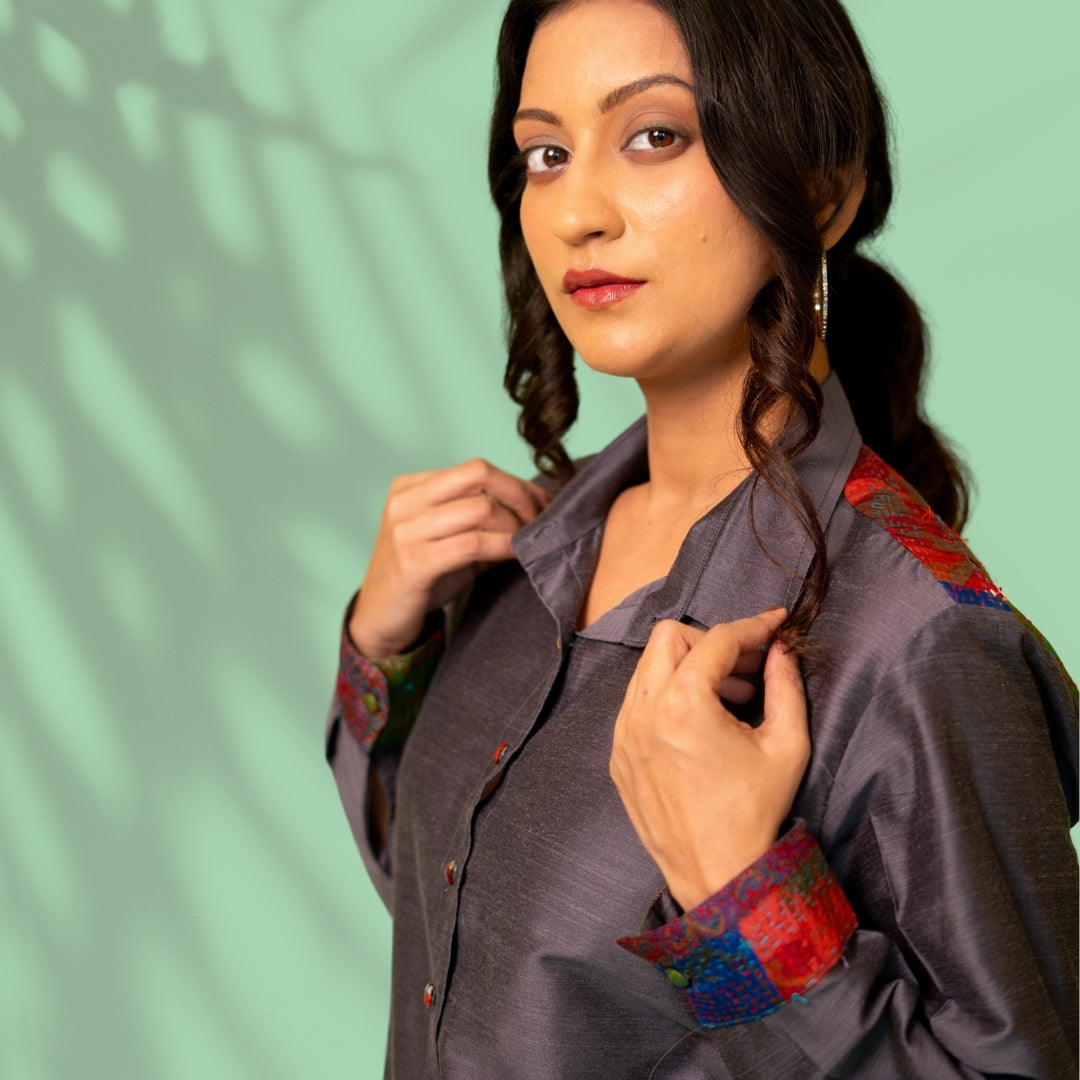 Grey Kantha Patch Cotton Silk Shirt