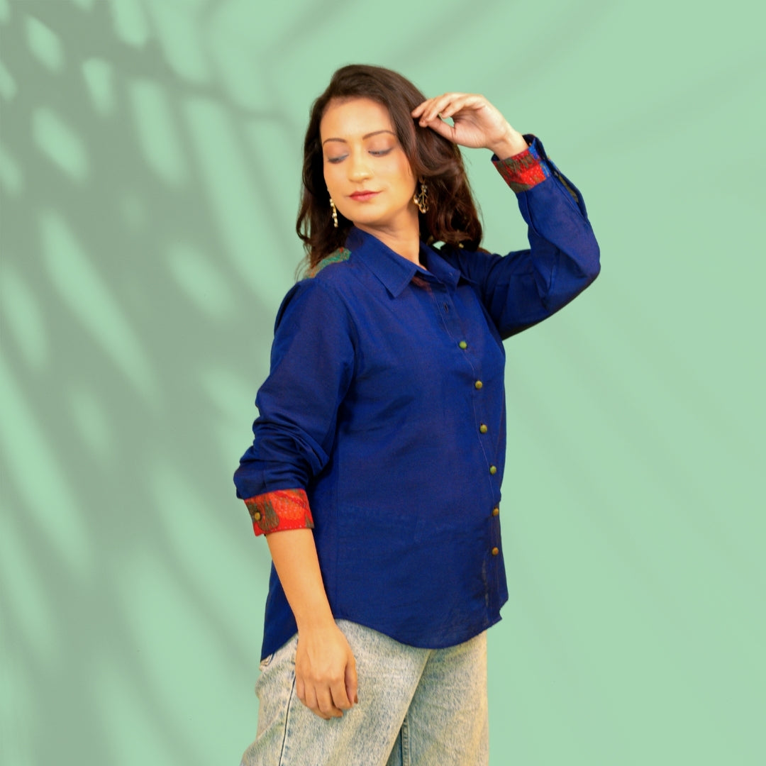 Blue Kantha Patch Cotton Silk Shirt