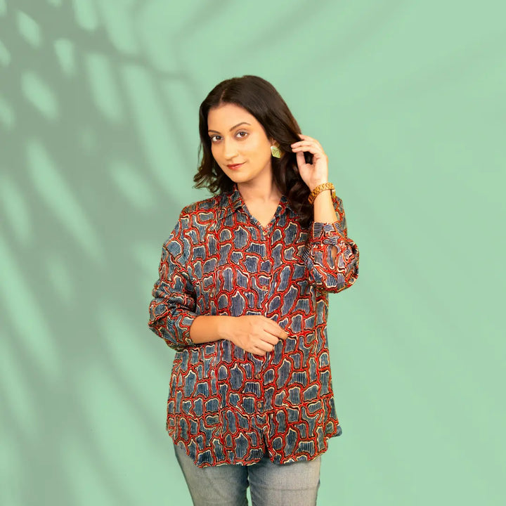 Blue and Rust Modal Silk Shirt