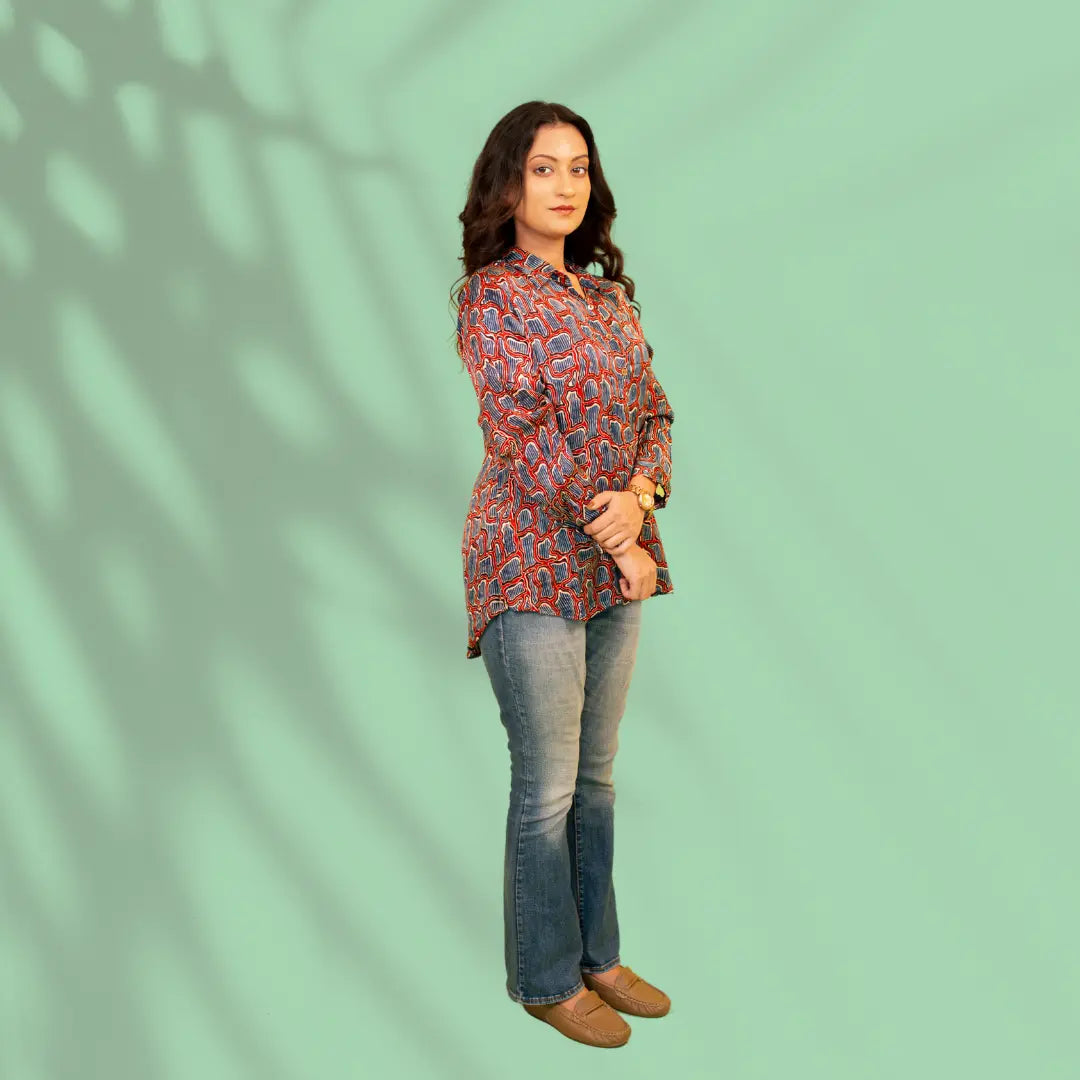 Blue and Rust Modal Silk Shirt