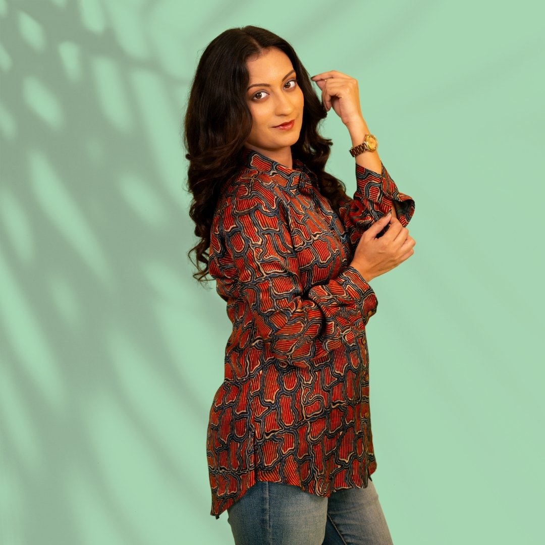 Rust and Blue Modal Silk Shirt