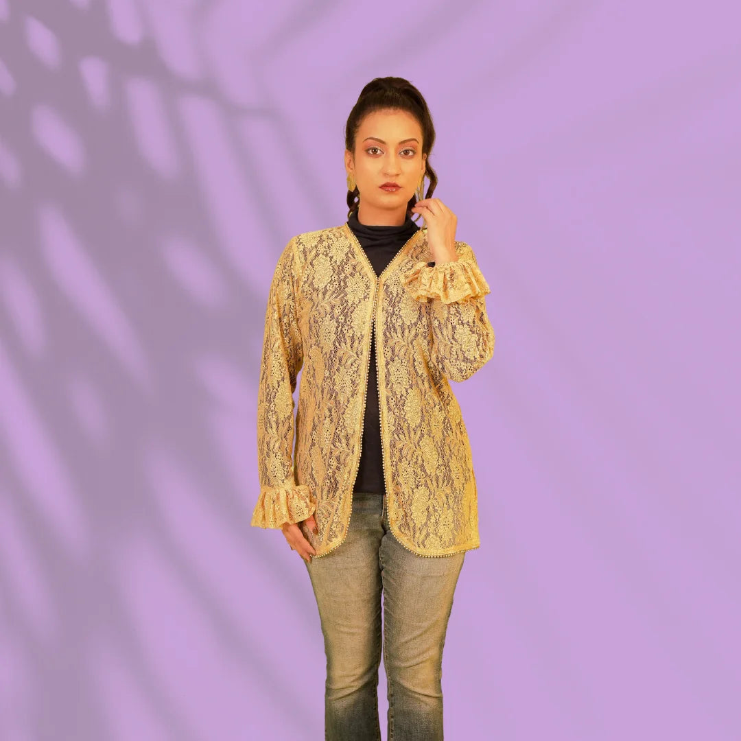 Brown Gold Georgette Net Jacket