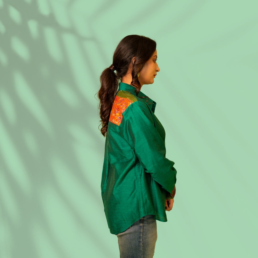 Green Kantha Patch Cotton Silk Shirt