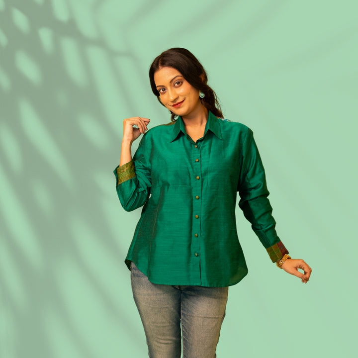 Green Kantha Patch Cotton Silk Shirt