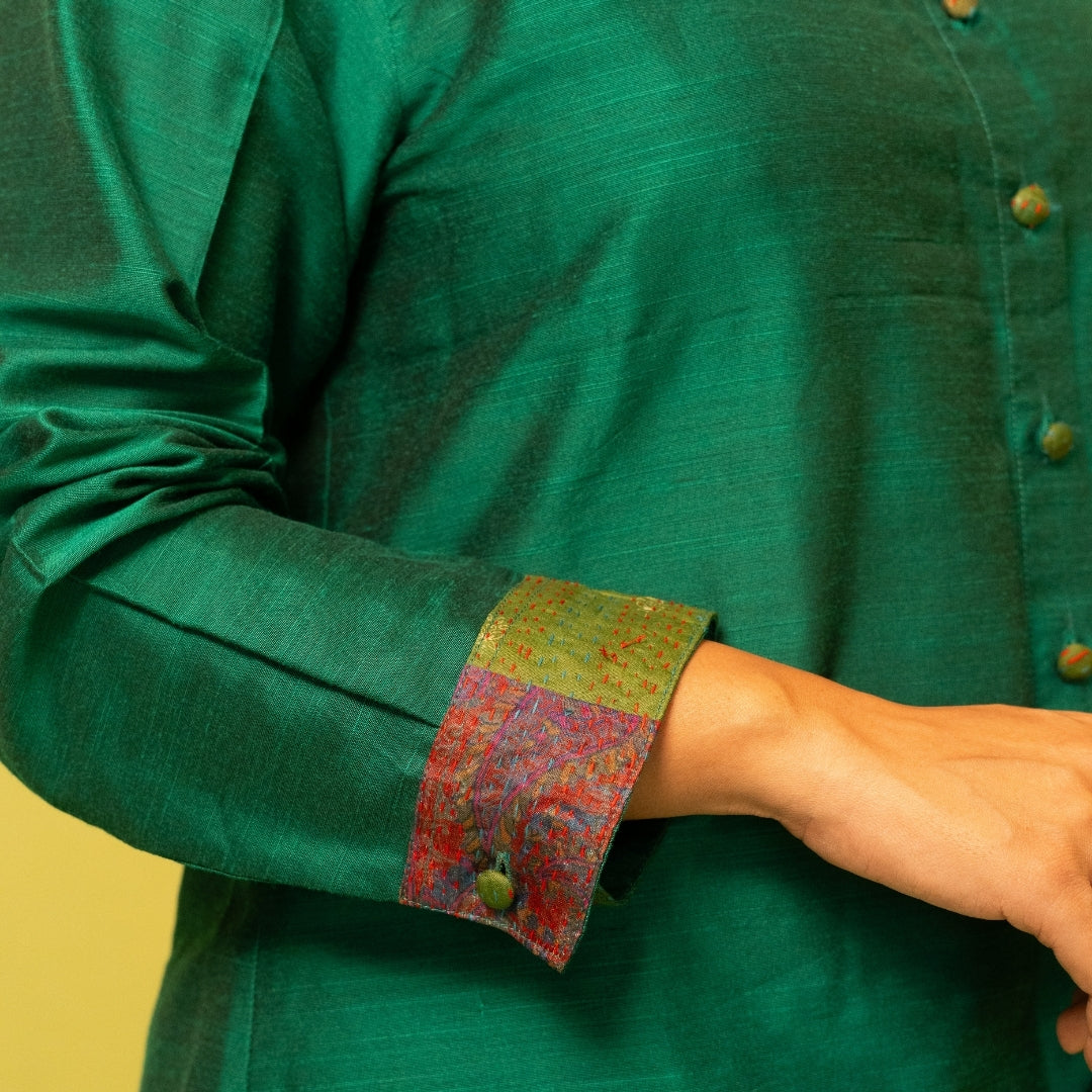 Green Kantha Patch Cotton Silk Shirt