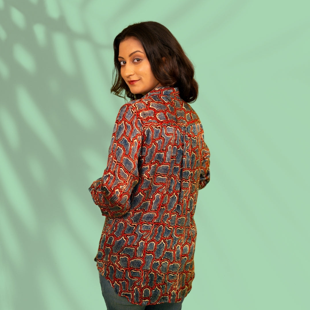 Blue and Rust Modal Silk Shirt