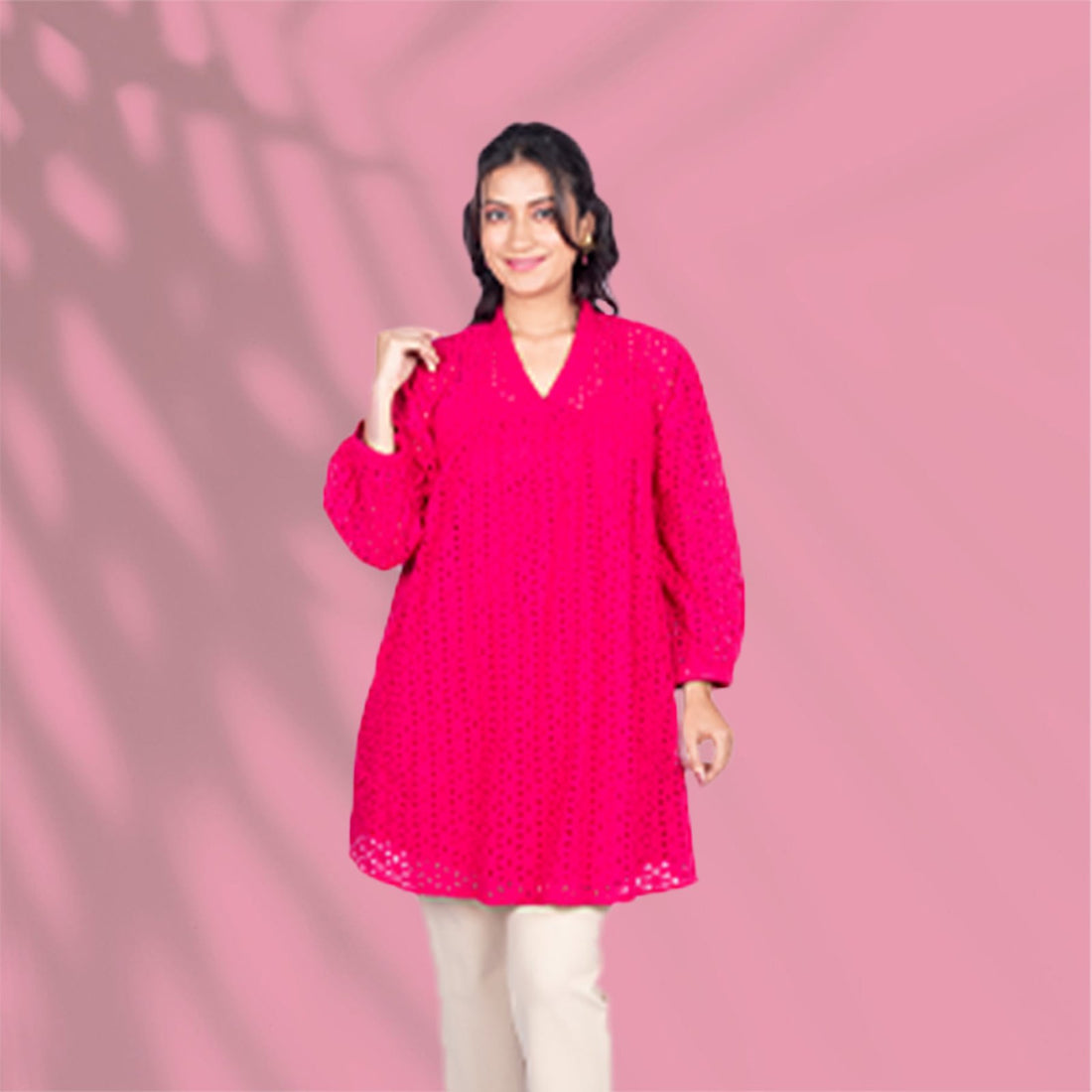 Schiffli Cotton Pink Kurti