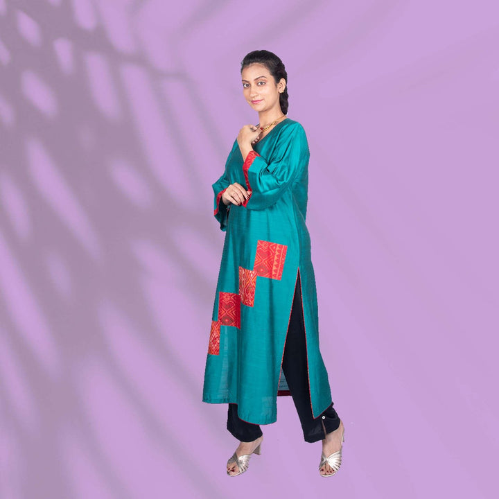 Green with Striking Red Ikkat Kurta