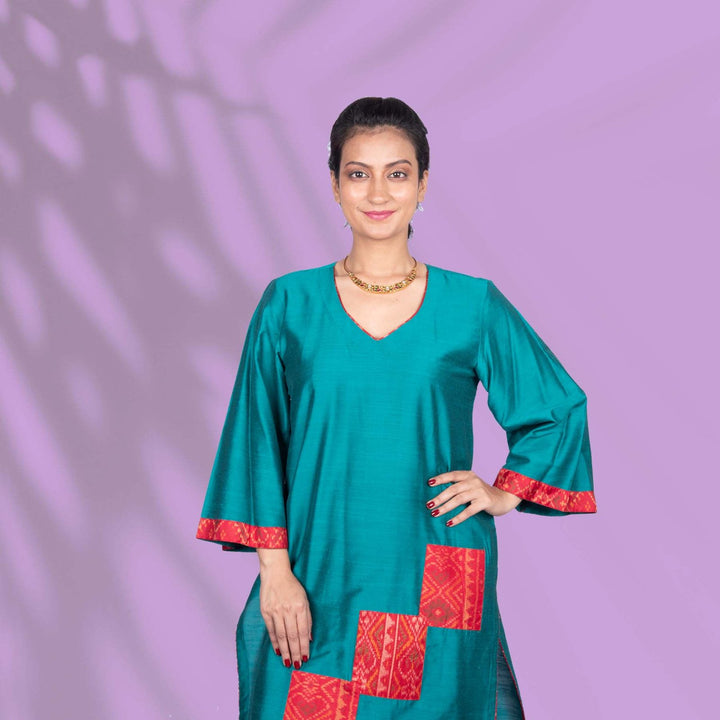 Green with Striking Red Ikkat Kurta