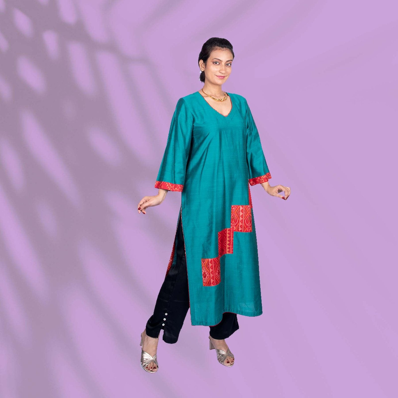 Green with Striking Red Ikkat Kurta