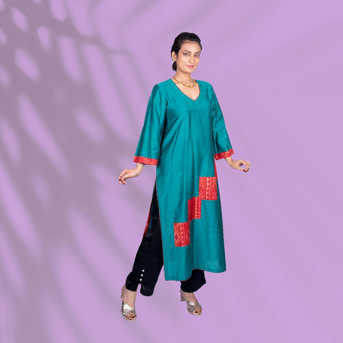 Green with Striking Red Ikkat Kurta