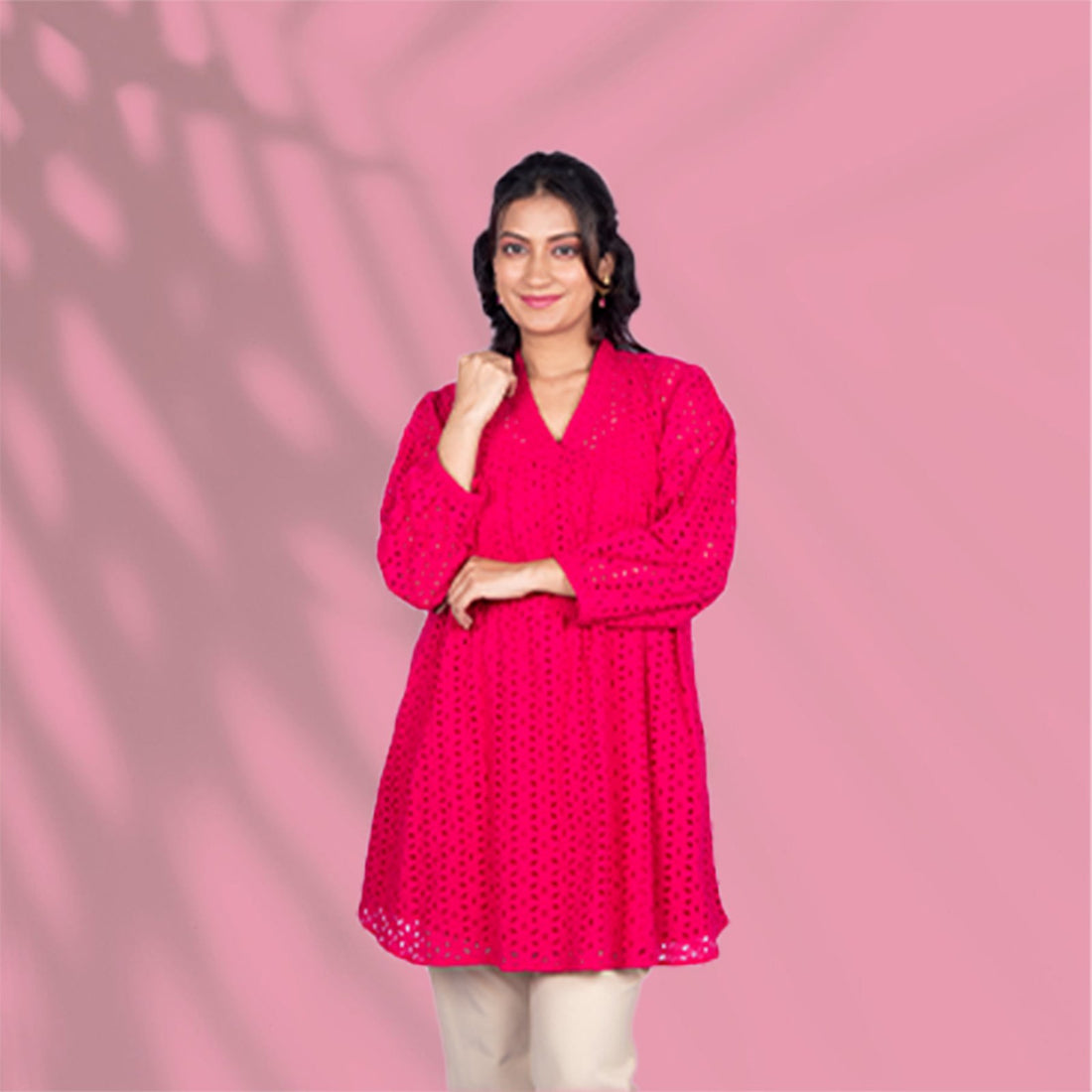 Schiffli Cotton Pink Kurti