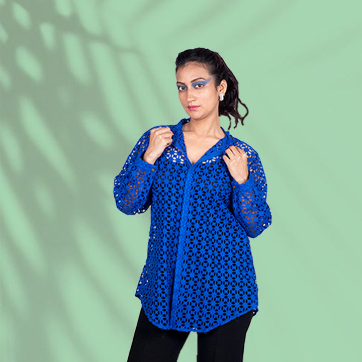 Royal Blue Schiffli Cotton Shirt