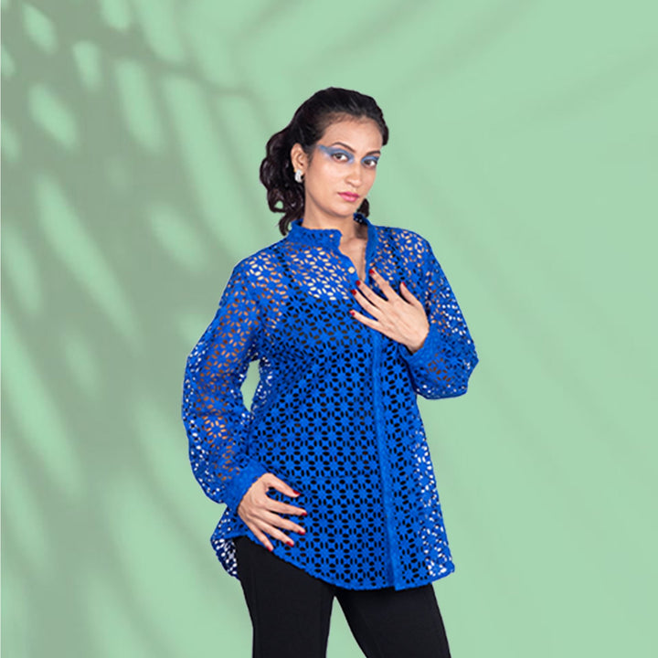 Royal Blue Schiffli Cotton Shirt