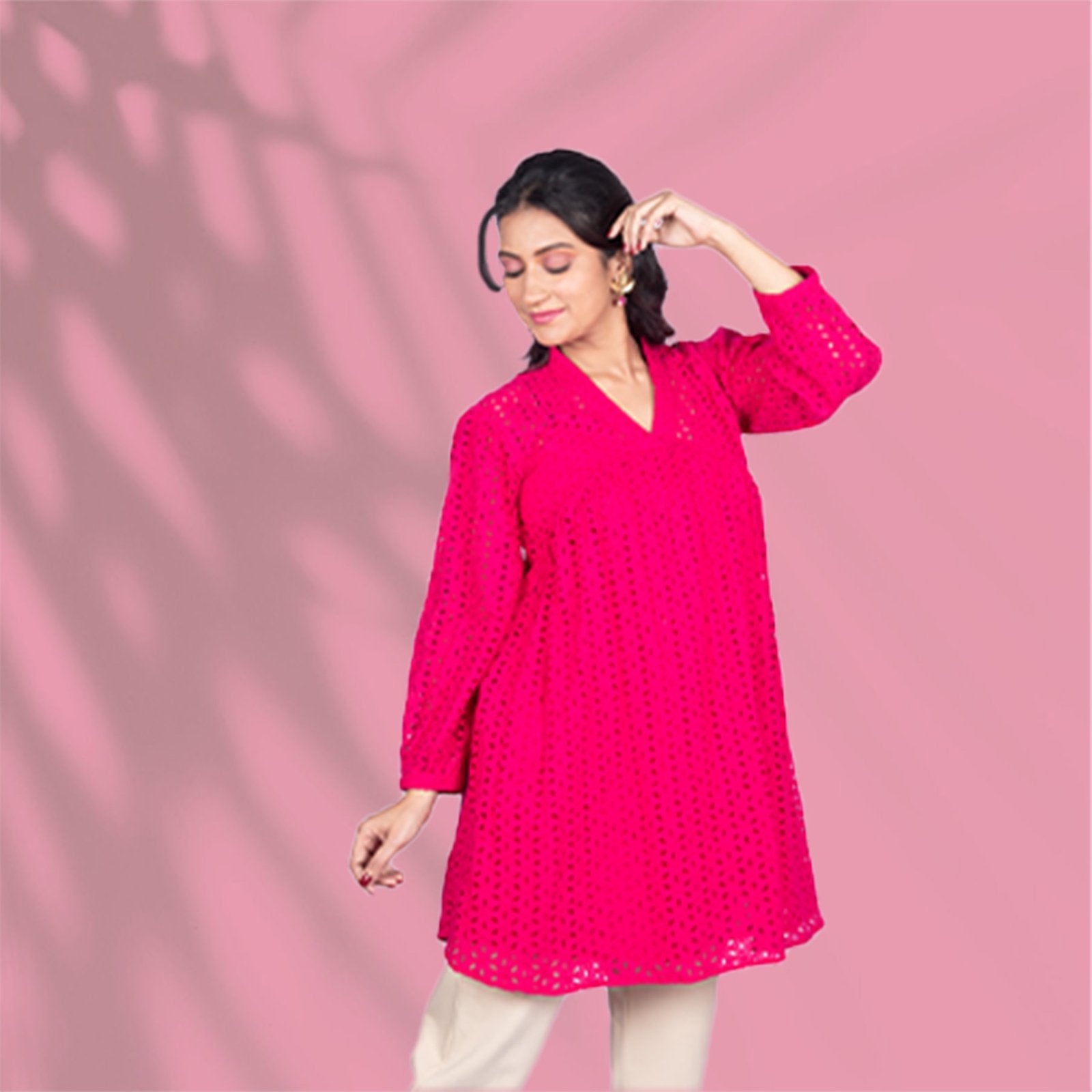 Schiffli Cotton Pink Kurti