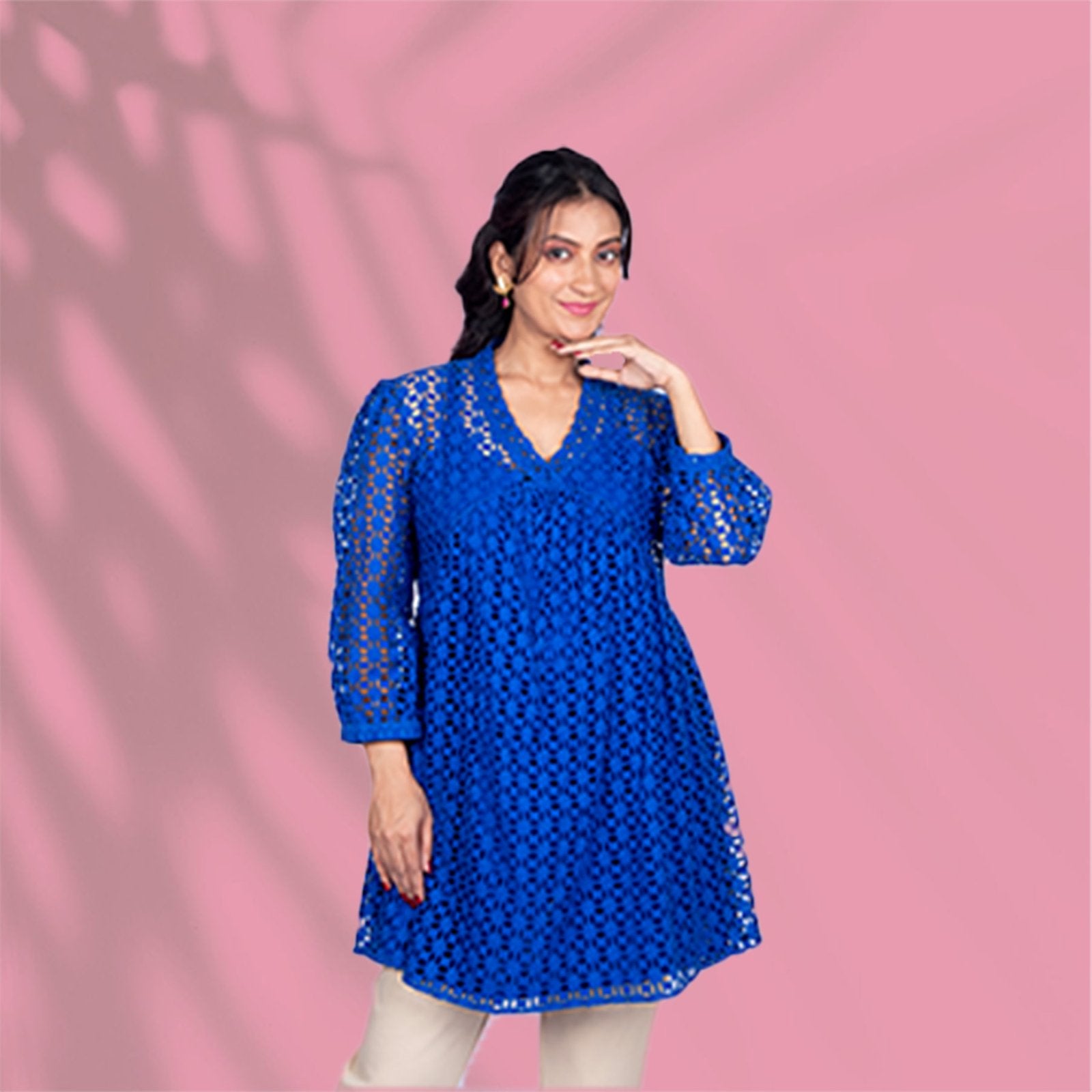 Schiffli Cotton Blue Kurti