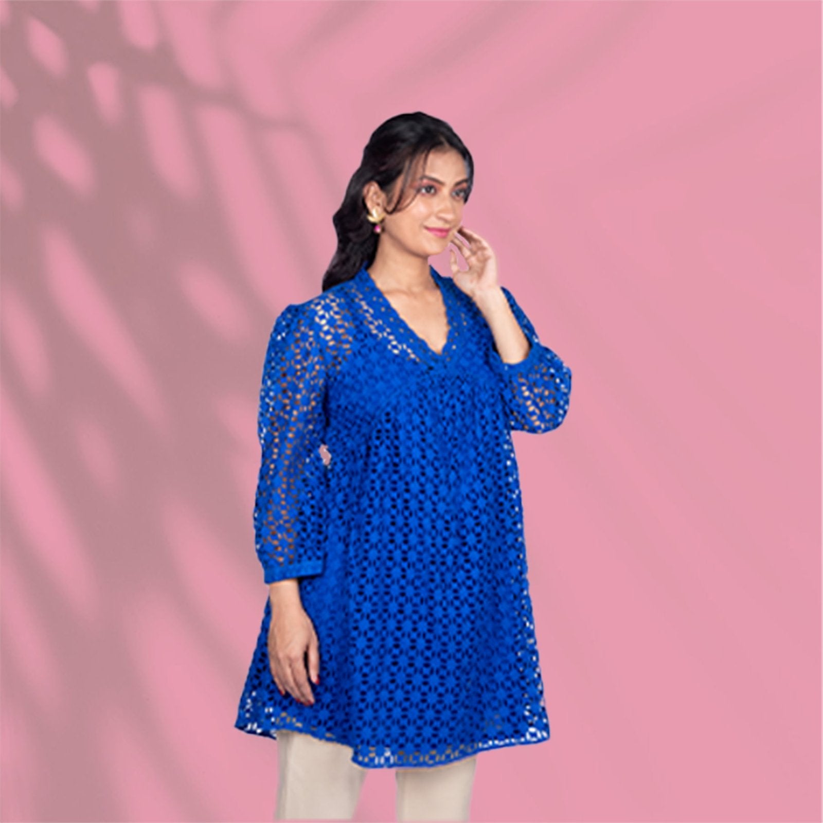 Schiffli Cotton Blue Kurti