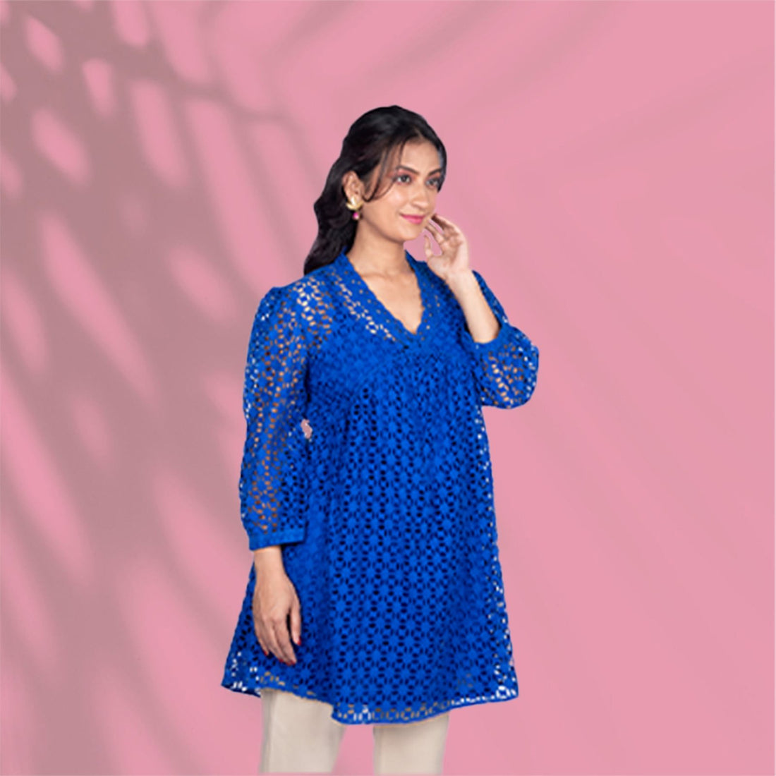 Schiffli Cotton Blue Kurti
