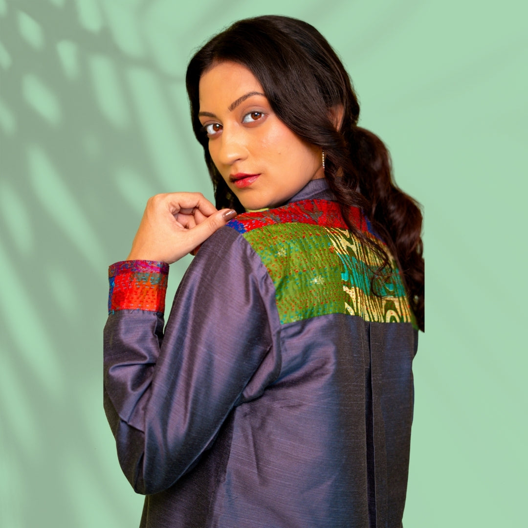 Grey Kantha Patch Cotton Silk Shirt