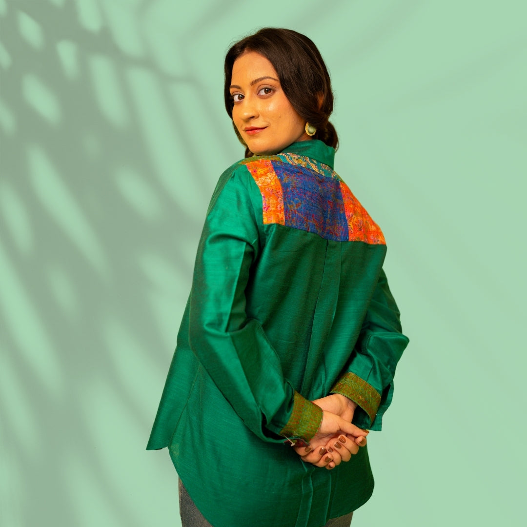 Green Kantha Patch Cotton Silk Shirt