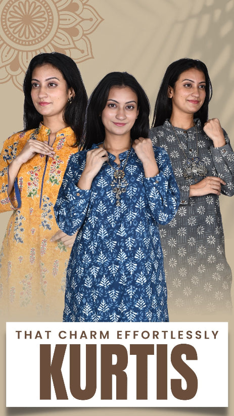 Three women wearing kurtis with a decorative background and text overlay.