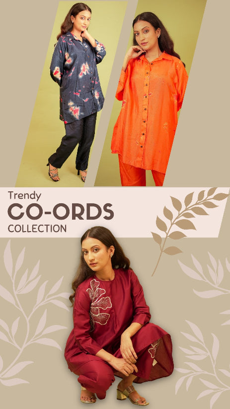 Three women wearing colorful outfits with text 'Trendy Co-ords Collection' on a decorative background.
