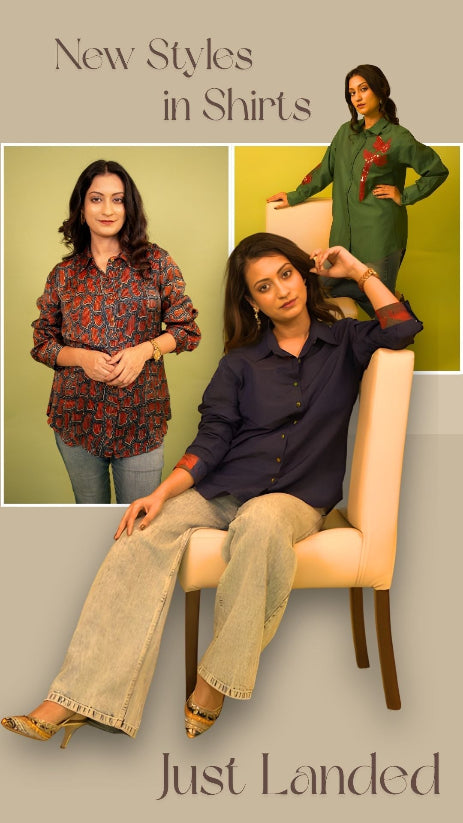 Three women modeling shirts with promotional text for new styles.