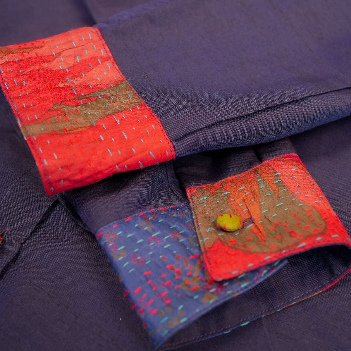 Blue Kantha Patch Cotton Silk Shirt