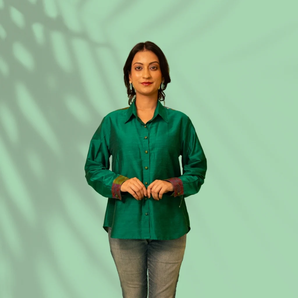 Green Kantha Patch Cotton Silk Shirt
